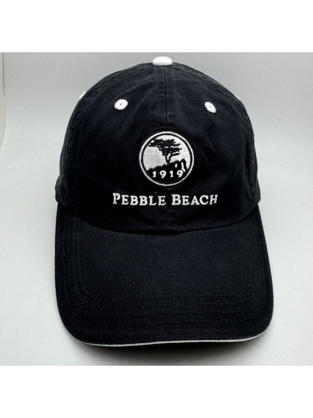 Pebble Beach Golf Hat Cap Black Embroidered Logo 1919 S/M Fitted Stretch Fit